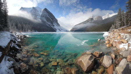 A scenic landscape showcases a pristine lake surrounded by towering mountains with snow-covered peaks. Turquoise water reflects the sky, creating a mirror effect. The scene features trees on the shoreline and rocks in the foreground, with daylight and a cloudy sky. Suitable for travel, nature, or environmental themes.の素材