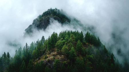 A scenic landscape showcases a mountain peak, densely covered by a vibrant green forest. Soft mist gently envelopes the upper regions, creating a tranquil atmosphere. The composition is balanced, featuring natural textures and colors. This image is suitable for diverse applications, including environmental themes and travel promotions.の素材