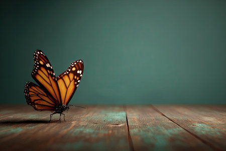 A monarch butterfly with orange and black wings rests on a wooden surface. The image features a shallow depth of field, highlighting the butterfly. The color palette includes natural wood tones and a teal background. Suitable for various applications, including print and digital projects.の素材