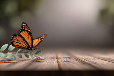 An orange and black butterfly rests on a branch with green leaves. The wooden surface below has scattered pieces. The background is soft and out of focus. This image could be used for various commercial purposes, showcasing the natural beauty of the insect world.の素材