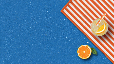 An overhead shot reveals a citrus beverage and an orange slice resting on an orange and white striped towel. The arrangement is set against a textured blue backdrop. The image utilizes bright lighting, creating a vibrant scene suitable for various commercial purposes, including advertising and editorial content.の素材