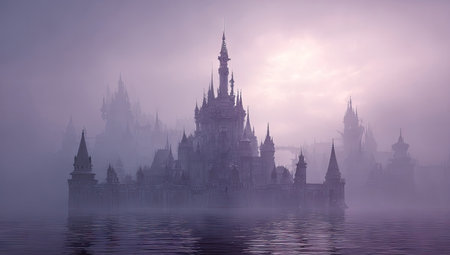 A majestic castle silhouette emerges from a dense, hazy atmosphere, creating a surreal scene. The image displays a cool color palette of purples and grays. The composition showcases a detailed architectural structure reflecting in the water, suitable for fantasy-themed designs and conceptual illustrations.の素材