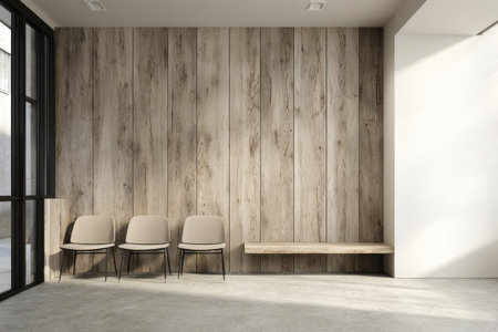 A minimalist interior scene showcases a wooden wall backdrop with three chairs arranged in a row. The composition includes a bench and the room is bathed in natural light. This setup is suitable for various commercial uses, including website backgrounds and marketing materials. The setting suggests a reception area.の素材