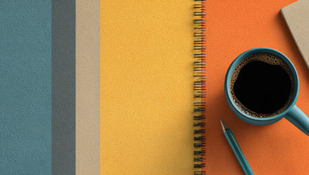 An overhead view displays a notebook and a coffee cup with a pen on a colorful surface. The scene features a spiral-bound notebook and a cup filled with dark liquid, showcasing a calm workspace. The composition employs a simple, graphic design with vibrant colors, suitable for illustrating ideas in various editorial contexts.の素材