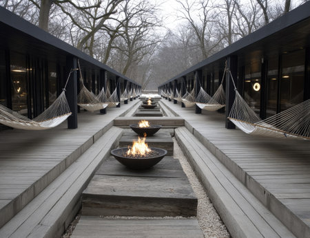 An outdoor relaxation area features multiple hammocks suspended between two long structures. Several fire pits are positioned along the pathway. The scene is characterized by a minimalist modern design with linear forms and muted tones. This imagery is suitable for concepts related to leisure, wellness, and architectural design projects.の素材