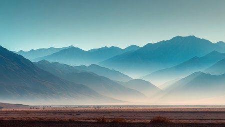 The image features a vast landscape dominated by a series of blue mountains receding into the distance. Gentle sunlight illuminates the scene, casting soft shadows and highlighting the texture of the terrain. The composition suggests a serene environment, possibly suitable for commercial and editorial applications.の素材