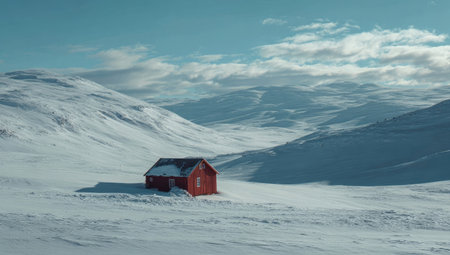 A small red cabin stands alone amidst vast, snow-covered mountains. The scene features a clear blue sky with patches of clouds, creating a cold, serene atmosphere. The composition emphasizes the contrast between the vibrant cabin and the muted tones of the environment, suitable for various editorial and commercial applications.の素材