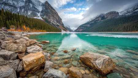 A tranquil landscape depicts a serene lake surrounded by towering mountains. The water presents a vibrant turquoise hue, contrasted by the rugged texture of rocks in the foreground. Overhead, a cloudy sky provides diffused lighting, enhancing the natural beauty for various illustrative and commercial applications.の素材