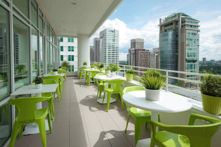 An outdoor balcony features rows of green chairs and white tables, set against a backdrop of modern buildings. The scene is bathed in natural sunlight, with vibrant green plants adding a touch of nature. This setting suggests a space for relaxation or gatherings, suitable for various commercial uses.の素材