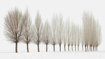 A row of bare trees stands against a stark white background. The trees display textured, thin branches, with varied tones of brown. The composition emphasizes a minimalist aesthetic, suggesting a cold, wintry environment. Suitable for conceptual illustrations and designs related to nature, seasons or backgrounds.の素材