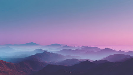 A scenic landscape presents a distant mountain range under a gradient sky of purple and blue hues. The image showcases a sense of depth and vastness through atmospheric perspective. Ideal for various projects, it offers visual appeal applicable in design, print, and digital media.の素材