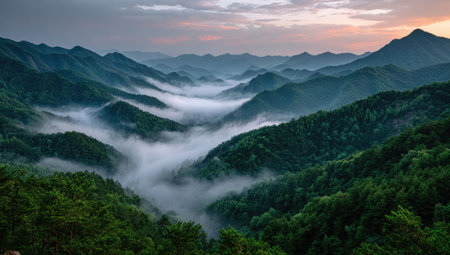 An aerial perspective showcases a lush green mountain range with valleys filled with white mist under a soft light. The image features a natural landscape with a variety of textures and tones. Suitable for various projects including environmental topics and travel promotion.の素材