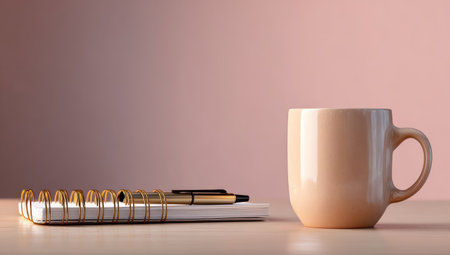 A notebook and pen sit alongside a coffee mug on a table. The soft lighting illuminates the objects. The composition suggests a workspace or a moment of reflection. The background presents a gradient of pink tones. Suitable for various projects, including advertising or editorial content.の素材