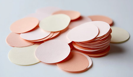 A close-up view displays a collection of circular paper confetti in soft pastel hues. The composition showcases a variety of shapes and overlapping textures. The confetti is isolated against a clean white backdrop, creating a simple, neutral environment. Suitable for designs requiring a touch of celebration or artistic flair.の素材