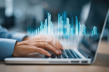 A person types on a laptop keyboard. Abstract digital data visualization is superimposed above the computer, rendered in blue and white. The composition features close-up details, soft focus, and a shallow depth of field, suggesting a modern workplace. Potentially suitable for illustrating concepts of business, technology, or finance.の素材