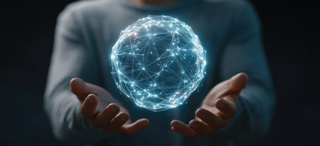 The image presents a person holding a digital sphere, with glowing lines and points. The scene features a dark background, highlighting the bright blue sphere. The composition suggests innovation and connectivity, possibly suitable for digital marketing or tech-related content. The lighting is soft, creating a modern aesthetic.の素材