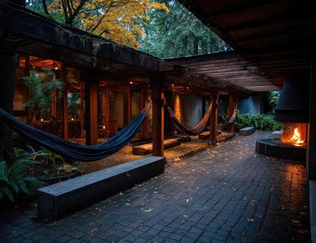 An outdoor patio features several hammocks and a fireplace, creating a cozy atmosphere. The scene is illuminated by warm, ambient lighting, with a focus on textures and shadows. This image depicts a relaxing environment, suitable for various editorial and commercial projects.の素材