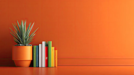An interior shot features a potted plant and a row of books against a vibrant orange wall and floor. The scene is illuminated by soft lighting, suggesting an indoor setting. This image could be used for various commercial projects and editorial content relating to home decor.の素材