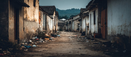 An aged village street is flanked by crumbling buildings of varying heights. The architecture suggests a historical setting. A mountain range sits in the distance, bathed in a muted palette of browns, grays, and blues. This image could be used for editorial, documentary, or commercial projects.の素材