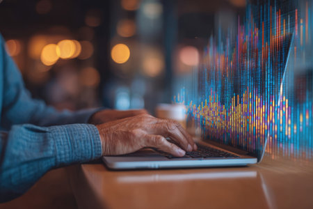 A person is shown working on a laptop, hands on the keyboard. A visual overlay presents financial data in blue and orange. The composition uses shallow depth of field, set in an indoor environment, with blurred background bokeh lights. This image could be used for various business, finance or technology related projects.の素材