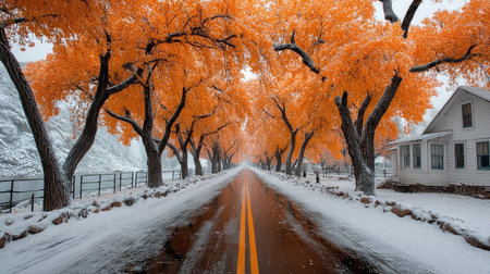 An image showcases a road leading through a line of trees with vibrant orange foliage, contrasted against a snowy winter environment. The composition highlights a central perspective with elements of nature. Suitable for various projects requiring visuals of the environment and seasonal changes, this image can be used in different commercial contexts.の素材