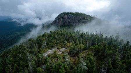 An aerial view presents a mountain peak emerging from a sea of fog. Evergreen trees blanket the slopes, exhibiting a variety of greens. The composition includes a cloudy sky and soft lighting, suggesting a natural environment suitable for various commercial or editorial applications.の素材