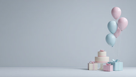 A festive composition featuring pastel balloons, gifts, and a tiered cake. The scene is illuminated by soft lighting, creating a dreamy aesthetic. This image suggests celebration and joy, suitable for various commercial applications. The design is simple and elegant.の素材