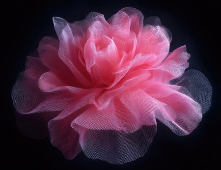 This image features a delicate pink textile flower, set against a stark black background. The close-up view highlights the flower's soft texture and intricate details. The lighting creates a dramatic contrast, enhancing the visual appeal. Suitable for various design projects and editorial content.の素材