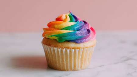 A single cupcake is the central element, displaying a swirled rainbow-colored frosting atop a golden-yellow cake. The scene highlights the contrasting textures and colors, set against a soft, plain background. Ideal for a variety of commercial uses, the image conveys a sense of celebration and joy.の素材
