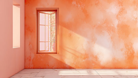 An interior space displays an open window, casting sunlight across a textured orange wall. The composition features a minimal architectural design and a sense of depth, with light and shadow. The image's clean lines and color palette suggest use in design, decoration, or editorial content.の素材