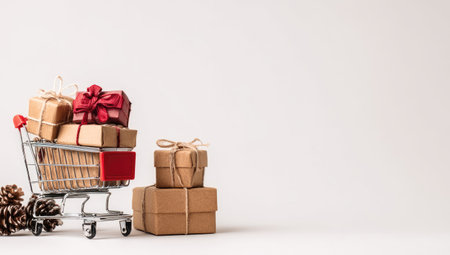 A miniature shopping cart is laden with wrapped gift boxes in various sizes and colors, alongside a stack of similar presents. The composition utilizes soft lighting and a clean white background, highlighting the objects. The scene suggests festive occasions, suitable for commercial projects promoting celebrations or retail.の素材