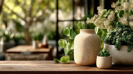 A close-up view presents a wooden tabletop showcasing decorative vases and potted plants. The image features a shallow depth of field, with soft natural light illuminating the scene. The composition includes a neutral color palette, highlighting textures. Suitable for illustrating home decor or lifestyle concepts in various media.の素材