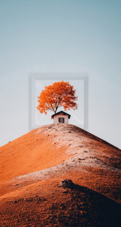 A small house sits atop an orange-toned hill, crowned by a vibrant orange tree. The composition features a clear blue sky. The image exhibits a high-angle perspective with overhead lighting, creating a tranquil scene suitable for various commercial and editorial applications.の素材