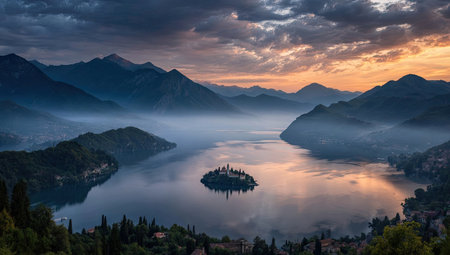 A tranquil landscape showcases a lake surrounded by mountains and a dramatic sky. The scene features soft light reflecting on the water, creating a mirror effect. The natural environment suggests a peaceful setting. This imagery can be used for various purposes like travel blogs, websites, or editorial publications.の素材