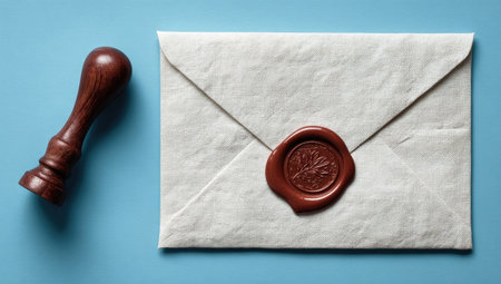 An overhead shot showcases a white envelope sealed with a red wax stamp next to a wooden stamp handle against a blue backdrop. The image displays a clean composition, highlighting the texture of the paper and the glossy seal. This visual is suitable for depicting concepts of mail, official correspondence, and general communication.の素材