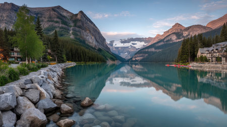 A calm lake reflects towering mountains and a sky with soft colors. The natural landscape includes rocks, trees, and buildings, suggesting an outdoor setting at dusk. The image could be suitable for travel, tourism, or environmental themes in commercial projects.の素材