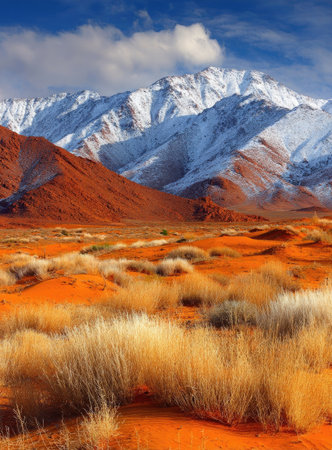 A striking landscape image features snow-covered mountains towering over an orange desert, with golden grasses in the foreground. The scene is illuminated by natural sunlight, creating a high-contrast composition. This image has potential for use in travel promotions, educational materials, and various editorial projects.の素材