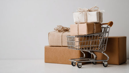 A miniature shopping cart is laden with wrapped packages and cardboard boxes. The composition features neutral tones, with brown packages set against a light background. Soft lighting accentuates the textures of the packages and ribbons. This image could be used for e-commerce, advertising, or related commercial projects.の素材
