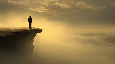 A solitary figure stands at the edge of a cliff, silhouetted against a golden-toned sky and a sea of mist. The composition highlights a sense of vastness and solitude, with a soft, diffused lighting. This image could be used for various projects needing a visual of contemplation, travel, or conceptual themes.の素材