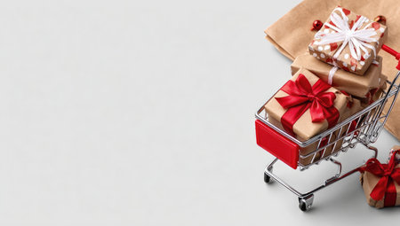 A miniature shopping cart is laden with wrapped gifts, featuring red ribbons, atop a white surface. The composition includes a brown paper bag, suggesting a retail or gifting context. The gifts are the focal point, with a bright overhead lighting. Suitable for advertising or illustrative purposes.の素材