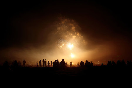 Numerous dark silhouettes of individuals observe a luminous light source against a dusky sky. The scene shows a dramatic contrast of shadows and bright light, with a hazy atmosphere. This picture could be suitable for visual communication or promotional materials, conveying various themes like celebration or mystery.の素材