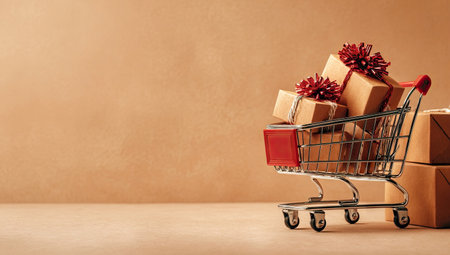 A miniature shopping cart is overflowing with wrapped gift boxes, some adorned with decorative bows. The image displays a warm color palette with shades of brown and red. The lighting appears soft, possibly from a studio setup. It's suitable for various commercial uses, including advertising and promotional materials.の素材