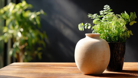 A still life composition features a ceramic vase and a potted plant set against a dark background. The scene is illuminated by natural light, creating shadows. The wooden surface provides a textured base. Suitable for illustrating home decor or design concepts, this image offers visual appeal for various commercial applications.の素材