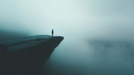 A person stands at the edge of a rock cliff, silhouetted against a misty, overcast sky. The image emphasizes vastness with muted blue and gray tones. The visual composition and lighting convey a sense of solitude. Ideal for conveying concepts of contemplation in editorial or commercial applications.の素材