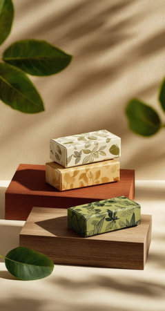 Three rectangular soap bars, each wrapped in paper with leaf patterns, are arranged on wooden platforms. The scene features warm lighting and a soft, neutral-toned background, highlighting the natural aesthetic. The composition suggests a focus on sustainable products, suitable for advertising, packaging, and wellness content.の素材