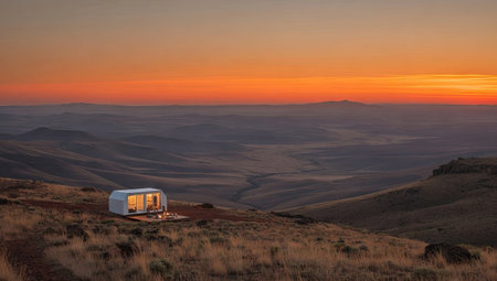 A small cabin sits atop a hill, bathed in the warm light of a setting sun. The composition highlights the cabin's structure against a backdrop of rolling hills and a gradient sky. The scene is illuminated with a palette of orange and gold hues, suggesting an outdoor environment suitable for travel or architectural projects.の素材