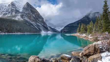 A scenic landscape showcases a turquoise lake surrounded by snow-covered mountains under a cloudy sky. The composition emphasizes the natural beauty with various shades of blue and green. It can be used for travel content, nature-related projects, or for various commercial purposes that require serene visuals.の素材