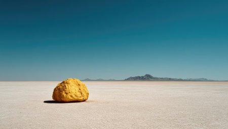 A solitary rock formation stands prominently against a vast desert backdrop beneath a flawless blue sky. The image showcases warm yellows and tans, with a focus on natural lighting and shadow. This minimalist composition evokes a sense of isolation. Suitable for editorial purposes and commercial use.の素材