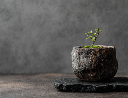 A small plant sprouts from a textured stone pot. The composition features a neutral color palette of grays and browns. The lighting creates subtle shadows adding depth. This image can be used for various commercial projects related to nature, growth, or sustainability.の素材