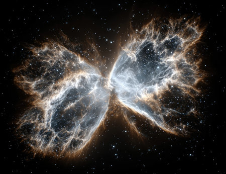 An ethereal butterfly-shaped nebula dominates a black space filled with stars. The image shows intricate textures and patterns in shades of blue and gold. This cosmic phenomenon might be used in educational materials or for artistic purposes. The dramatic lighting enhances the sense of depth and scale.の素材